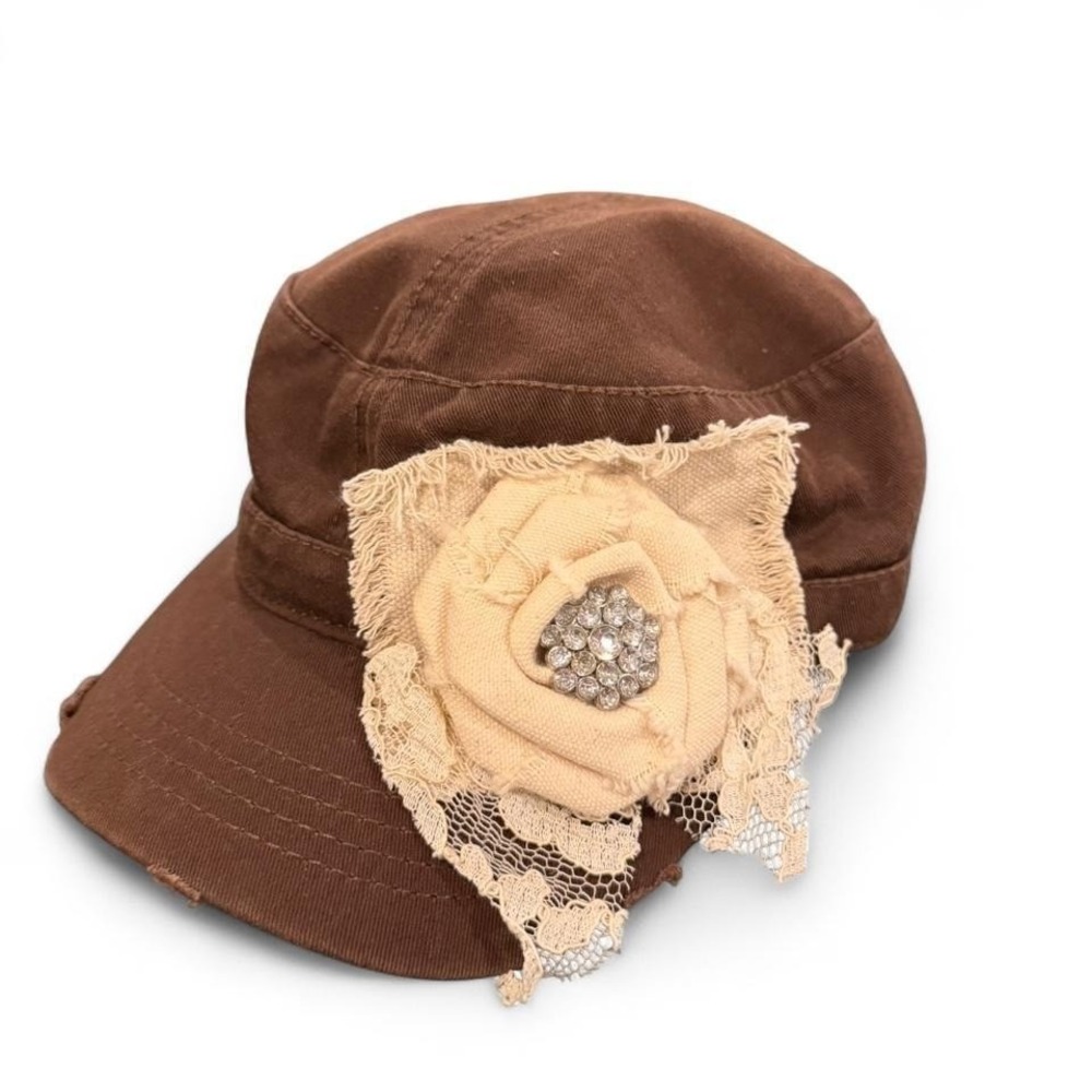 Frayed Flower Womens Brown Cadet Hat Distressed Military Cap Rhinestone Lace